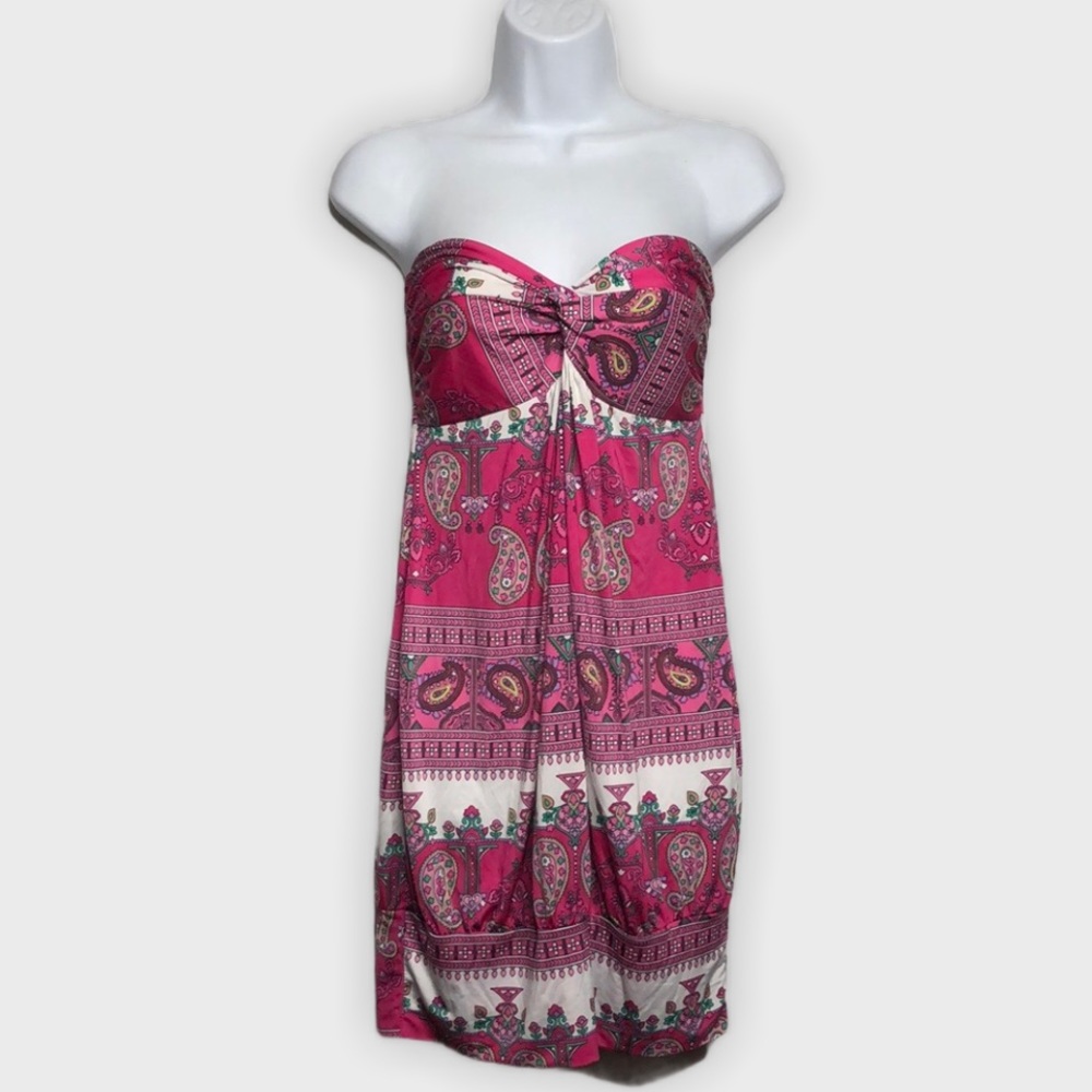 Pink Paisley Bohemian Boho Strapless Mini Dress Large